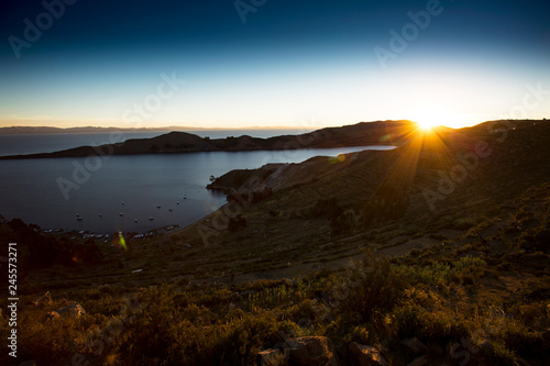 Sunset over Isla del Sol at the Titicaca lake in Bolivia/Peru