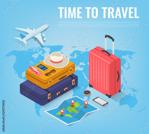 Travel equipment in Isometric style. Travel and tourism concept. Vector