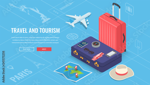 Travel equipment in Isometric style. Travel and tourism concept. Vector