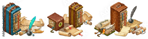 Set isometric books of magic spells and witchcraft, royal scrolls and parchments, old sheets of paper for computer game. Fairy tale icon in cartoon style. Isolated 3d vector illustration.