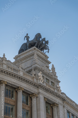View of the Quadriga on the left on the top of Building, Madrid, Spain