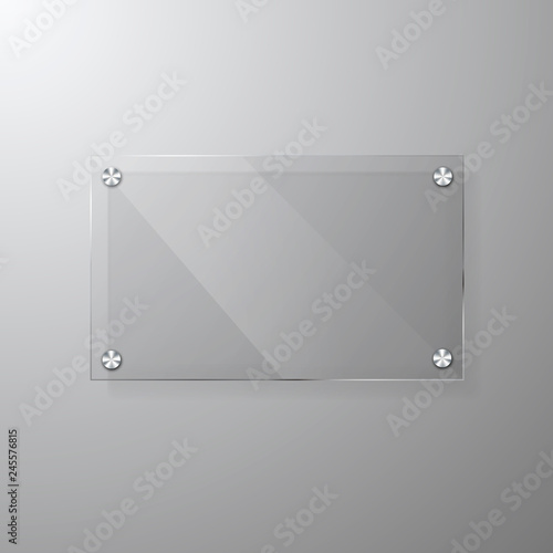 Vector modern Glassy signage template with space for message. Clear acrylic signboard design mock up photo