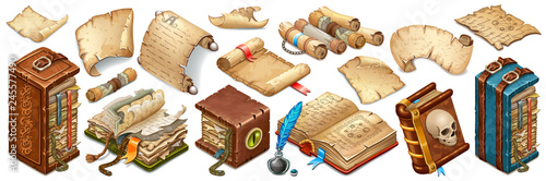 Set isometric books of magic spells and witchcraft, royal scrolls and parchments, old paper. Fairy tale icon in cartoon style  for computer game. Isolated 3d vector illustration.
