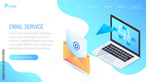 Web page design template. Email service isometric vector illustration. Webmail or mobile service layout for website landing header. Flat isometric vector illustration. EPS 10.