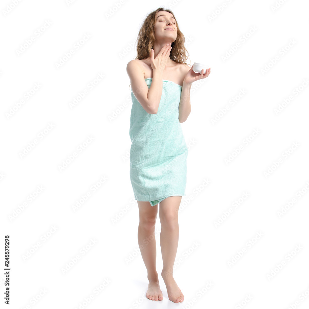 Beautiful woman in green towel white bottle jar cream lotion in hand beauty body care on white background isolation Beautiful woman in green towel white bottle jar cream lotion in hand beauty body care on white background isolation