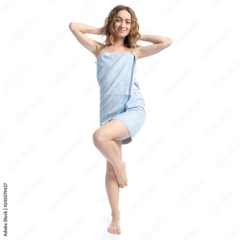 Beautiful woman in blue towel beauty on white background isolation