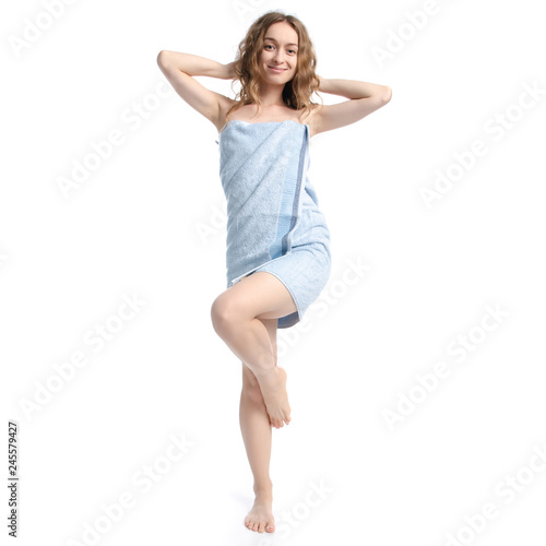 Beautiful woman in blue towel beauty on white background isolation