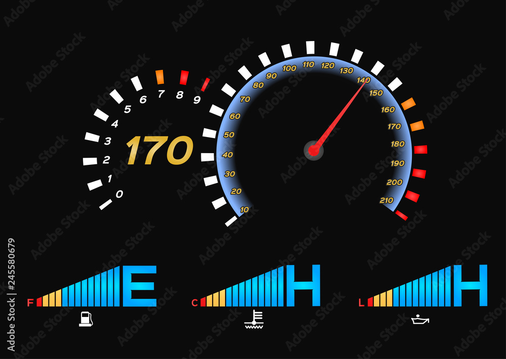 Speedometer for car . Fuel Gauge and Tachometer vector