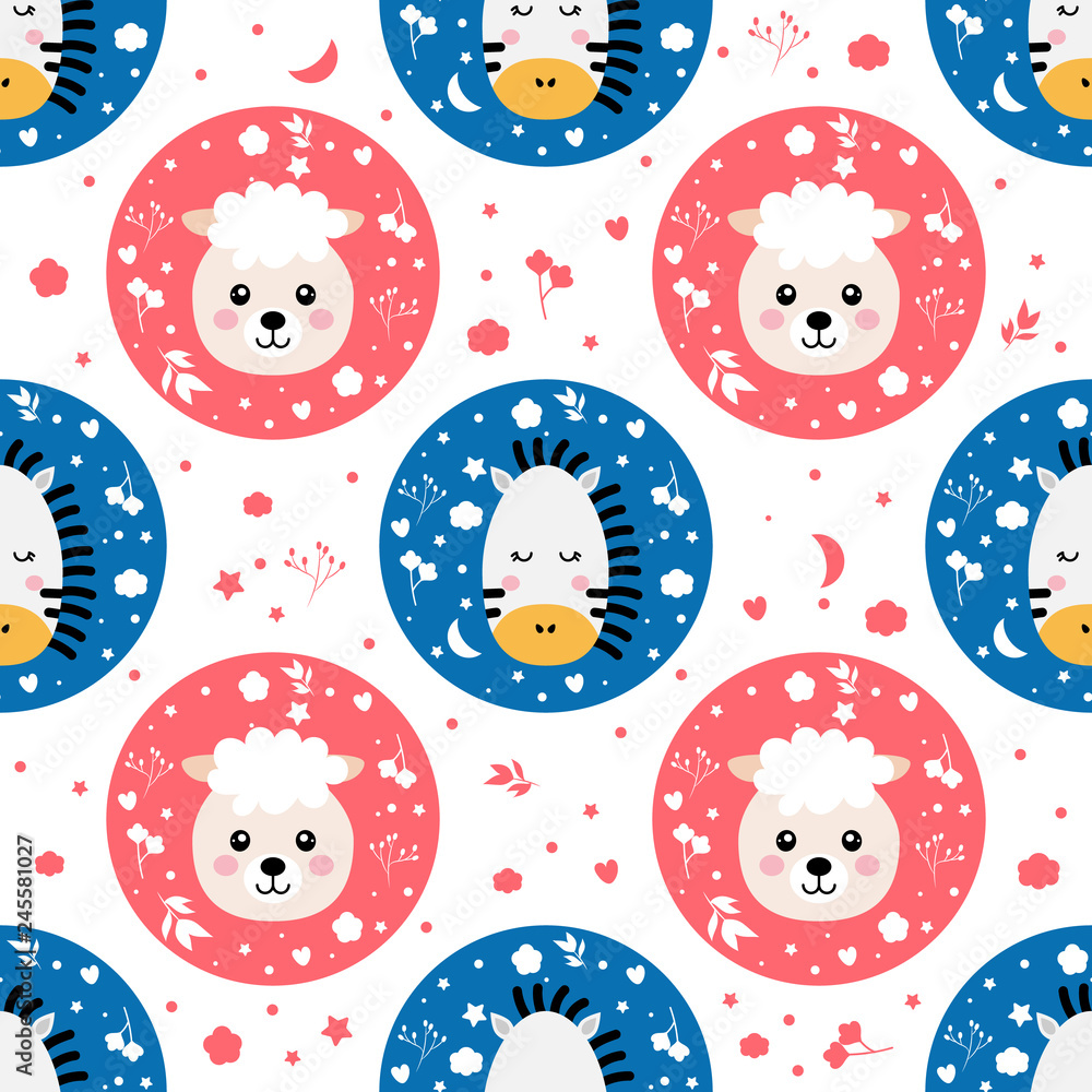 Fototapeta premium Cartoon sheep and zebra seamless pattern, childish vector print