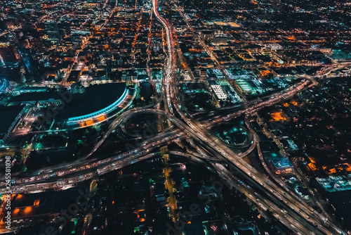 Aerial view of a massive highway in Los Angeles, CA at night