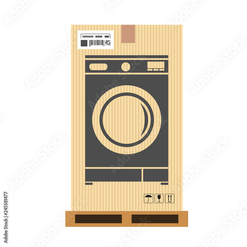 Mock up of washing machine in carton box. Moving and delivery services. Vector illustration