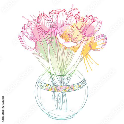 Vector bouquet with outline tulip flowers, bud and ornate foliage in transparency round vase in pastel pink and green colored isolated on white background. Bunch of contour tulips for spring design. 