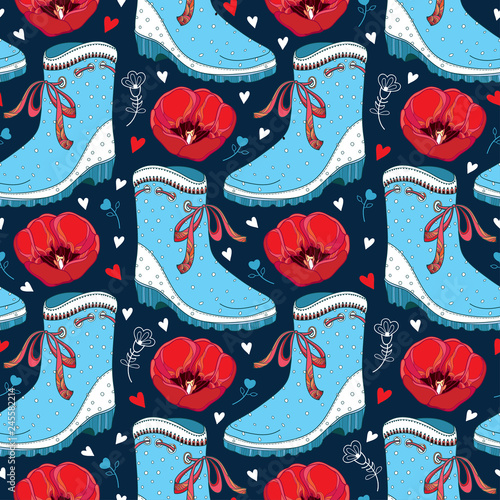 Vector seamless pattern with outline open red tulip flowers, pastel blue rubber boot and hearts on the blue background. Ornate contour tulips and gumboot for springtime design.