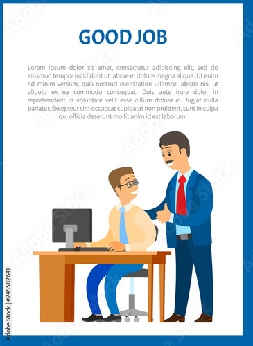 Good boss company leader supervising new office worker vector. Director pleased with work of employee, praising and encouraging him for good results