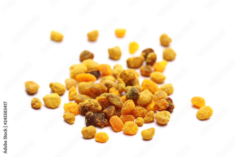 Bee pollen macro isolated on white background Bee pollen macro isolated on white background