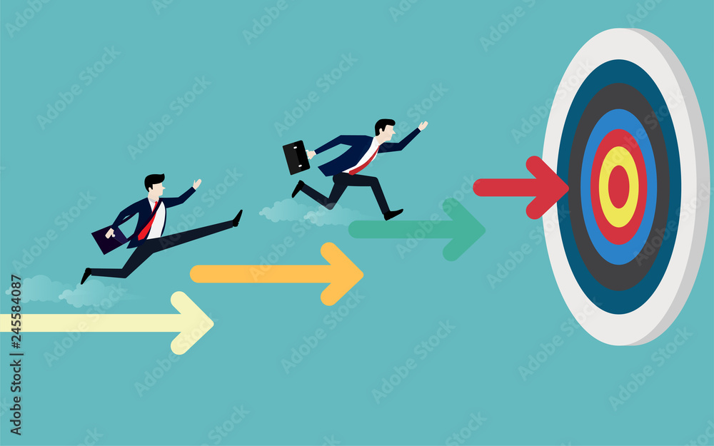 Businessman running on stairs arrow pointing to the target