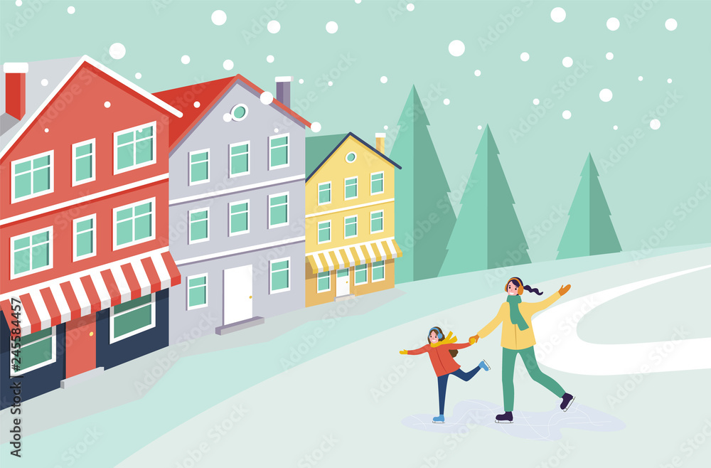 Ice skating of mother and child, winter cityscape vector. Buildings and trees, pine and snowing weather, people having fun outdoors, wintertime hobby