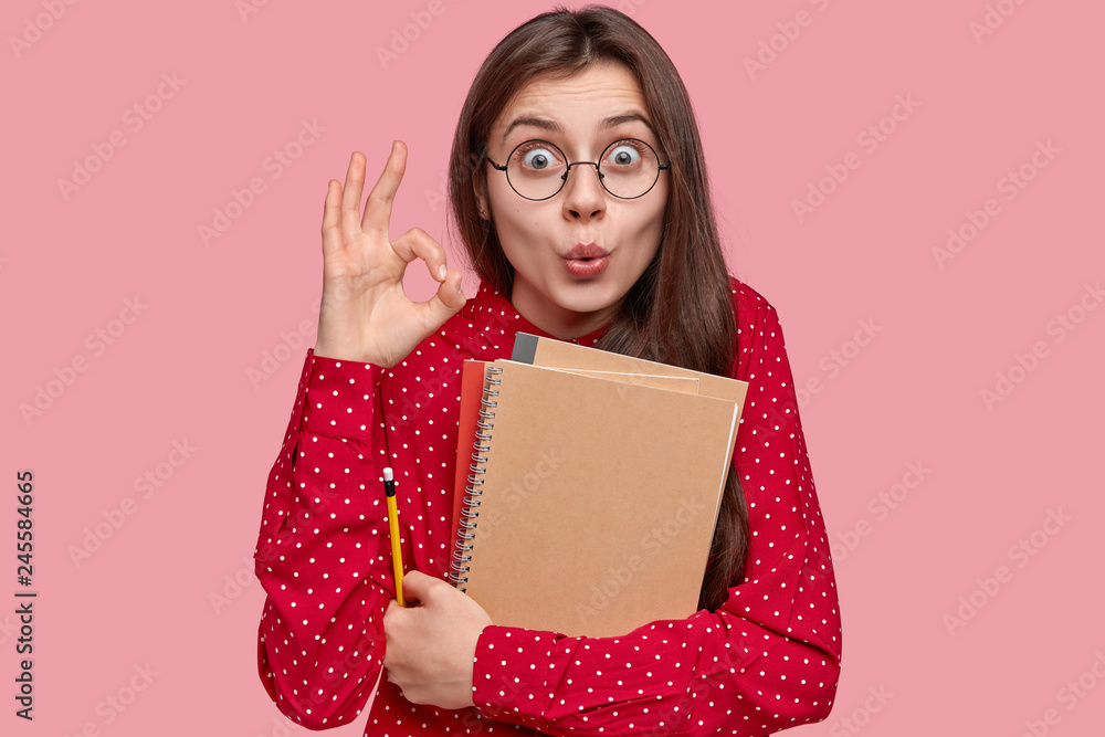 Surprised woman with notepad and pencil, notices something, creats daily plan, makes okay gesture, agrees with busy schedule, wears round spectacles for good vison, red shirt, isolated on pink wall Surprised woman with notepad and pencil, notices something, creats daily plan, makes okay gesture, agrees with busy schedule, wears round spectacles for good vison, red shirt, isolated on pink wall