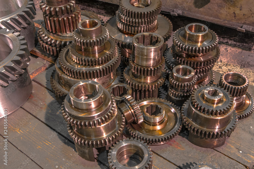 close-up gear metal wheels, several finished gear industrial parts machine close-up gear metal wheels, several finished gear industrial parts machine
