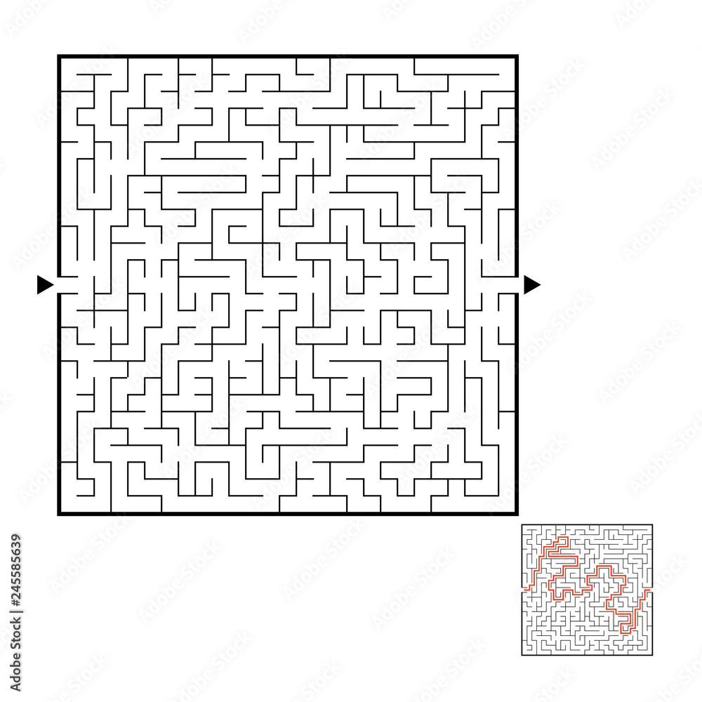 Abstract square maze. Game for kids. Puzzle for children. Labyrinth conundrum. Black flat vector illustration isolated on white background. With answer.