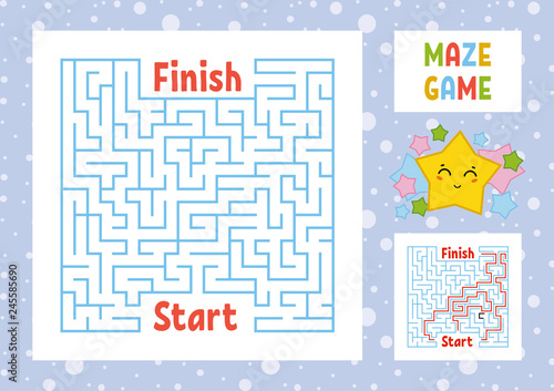 Color square maze. Find the right path from start to finish. Kids worksheets. Activity page. Game puzzle for children. Cute cartoon star. Labyrinth conundrum. Vector illustration. With answer.