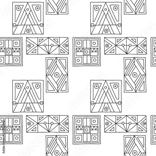 Seamless vector pattern. Black and white geometrical hand drawn background with etnic elements. Print for background, wallpaper, packaging, wrapping, fabric. Tribal grafhic design photo