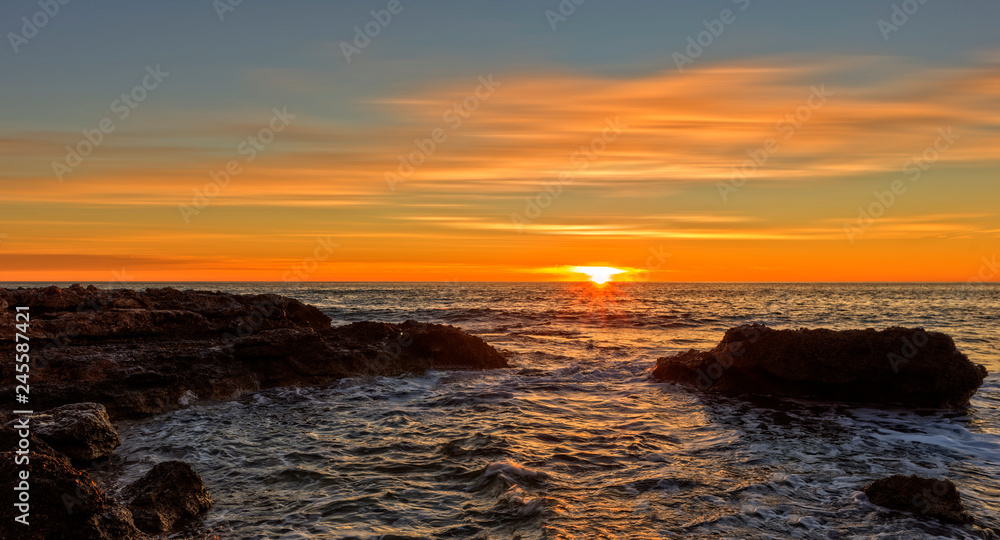 Sunrise by the Mediterranean Sea in Oropesa, Castellon