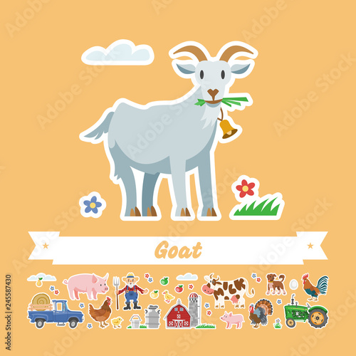 Vector illustration of funny cartoon goat. Happy isolated animal. Milk farm collection flat stickers.