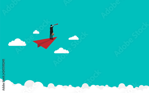 Businessman flying on a red paper airplane