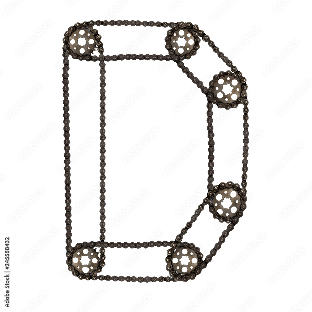 Steampunk alphabet font letter D from chain gear. Typography characters collage of mechanical hardware parts. Isolated elements for bike, wheel, motor repair or factory production or other industry Steampunk alphabet font letter D from chain gear. Typography characters collage of mechanical hardware parts. Isolated elements for bike, wheel, motor repair or factory production or other industry