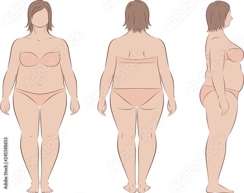 Fat female silhouette. Body fullness. Front, back, side