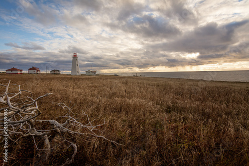Lighthouse in Newfoundland, Canada with golden grasses in foreground, and stormy sunset in background