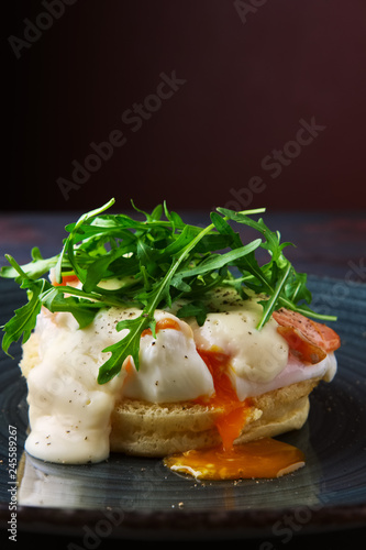 Sandwich with poached egg, smoked salmon and cheese decorated with arugula