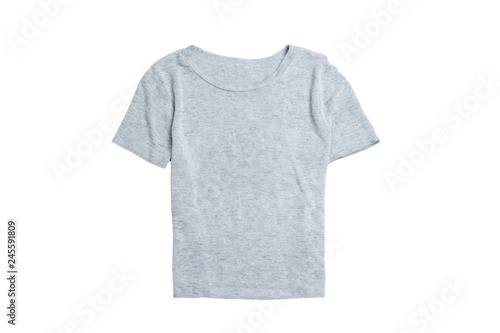 Female summer wardrobe. Gray t-shirt. Top view. Isolate on white background.
