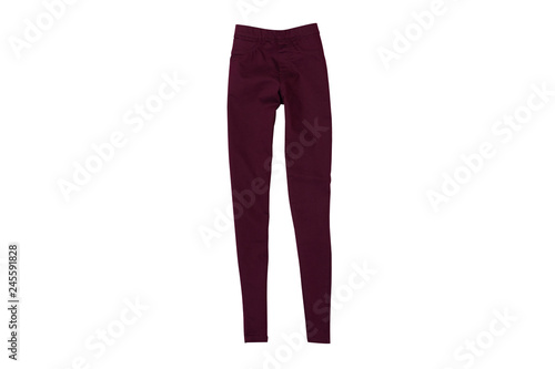 Burgundy jeans flat lay. Fashion concept. Isolate on white background