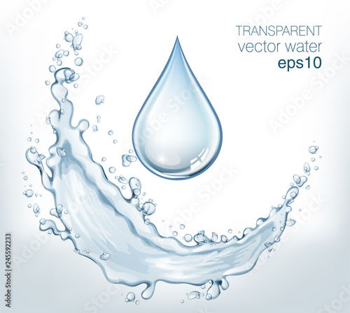 Transparent vector water splash and wave on light background