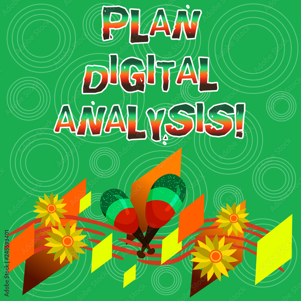 Writing note showing Plan Digital Analysis. Business photo showcasing Analysis of qualitative and quantitative digital data Colorful Instrument Maracas Handmade Flowers and Curved Musical Staff