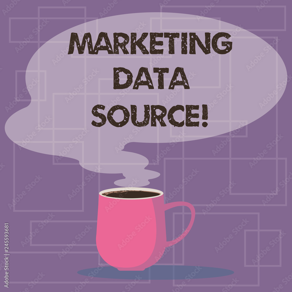 Writing note showing Marketing Data Source. Business photo showcasing connection set up to a database from a server Mug of Hot Coffee with Blank Color Speech Bubble Steam icon Writing note showing Marketing Data Source. Business photo showcasing connection set up to a database from a server Mug of Hot Coffee with Blank Color Speech Bubble Steam icon