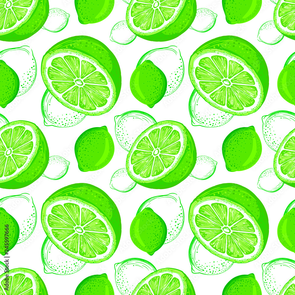 Lime seamless pattern. Sketch limes. Citrus fruit background. Elements for menu, greeting cards, wrapping paper, cosmetics packaging, posters etc