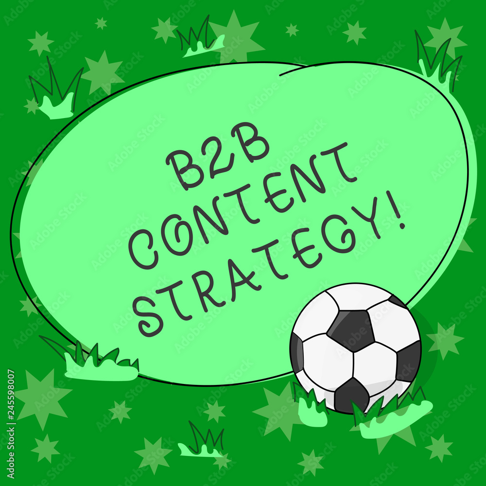 Fototapeta premium Writing note showing B2B Content Strategy. Business photo showcasing Distributing curated, relevant and valuable content Soccer Ball on the Grass and Blank Outlined Round Color Shape photo