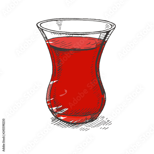 Beautiful hand drawn illustration of traditional turkish tea in an authentic turkish glass named bardak.