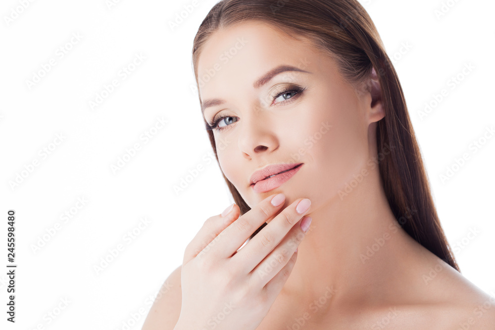 Massage your face. Use face cream and serum. Portrait of young beautiful woman isolated on white. Massage your face. Use face cream and serum. Portrait of young beautiful woman isolated on white.