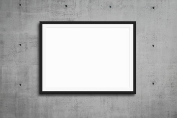 black picture frame hanging on grey concrete wall,  mockup