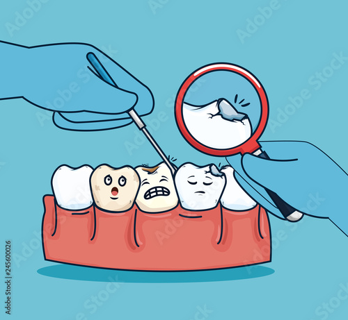 teeth healthcare treatment and magnifying glass