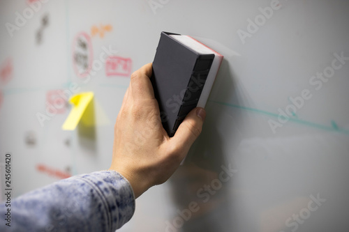 Hand erasing question mark on chalkboard