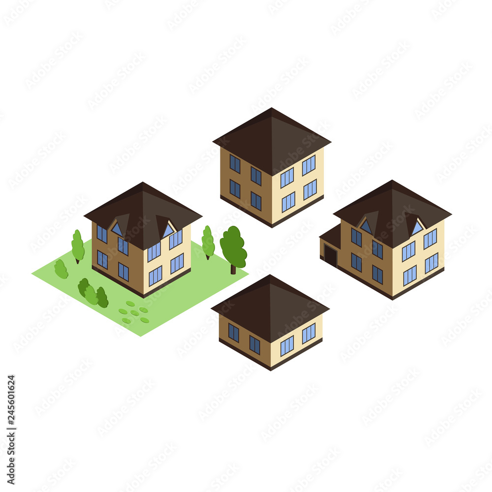 Private houses in isometric projection isolated on white background