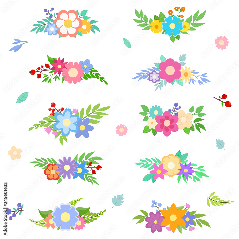 Flower bouquet, floral collection, set of isolated objects. Various compositions of flowers and leaves. Vector illustration
