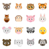 Cute animals collection, set of animal faces. Deer, hamster, owl, tiger, horse, monkey, ect. Isolated vector illustration