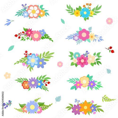 Flower bouquet  floral collection  set of isolated objects. Various compositions of flowers and leaves. Vector illustration