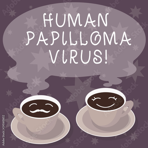 Text sign showing Huanalysis Papilloma Virus. Conceptual photo most common sexually transmitted infection disease Sets of Cup Saucer for His and Hers Coffee Face icon with Blank Steam